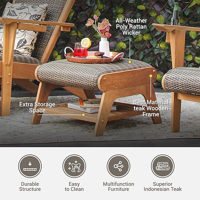 Cambridge Casual Auburn Teak Wood Padded Woven Seat Patio Lounge Conversation Set, Adirondack Chair + Ottoman
