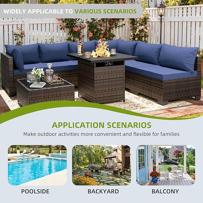 7/8-Piece Patio Conversation Set with Fire Pit Table, Outdoor All-Weather Rattan Sofa Sectional, Handwoven Wicker Furniture for Backyard, Easy Assembly & Weather-Resistant Design