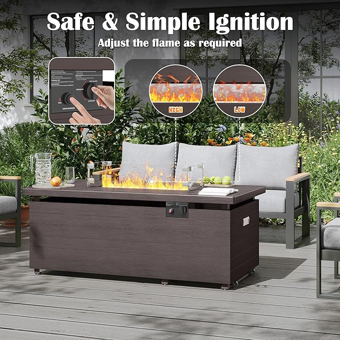 Sundale 51 Inch Outdoor Fire Pit Table, 50,000BTU Rectangle Propane Fire Pit with Sliding Tank Holder, Glass Wind Guard, Removable Lid, CSA Certified, Brown