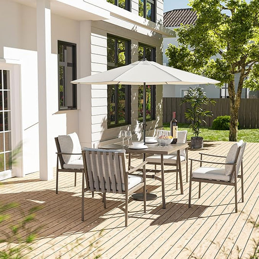 HAPPATIO 5-Piece Outdoor Dining Set for 4, Aluminum Patio Dining Set Includes 1 Large Square Table with Umbrella Hole and 4 Dining Chairs, Patio Furniture Set for Lawn, Porch, or Backyard (Grey)