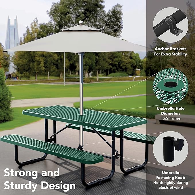 OUTTANS Commercial Heavy-Duty Metal Picnic Table - ADA Compliant, Adjustable Seats, Umbrella Hole, Expanded Metal (Green, 6' Rectangular)