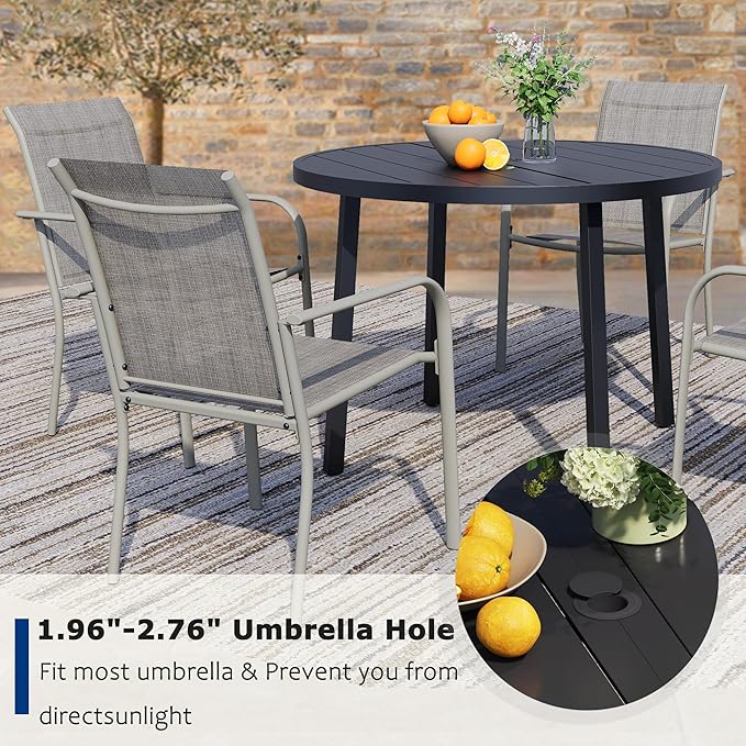 5 Pieces Patio Dining Set for 4, Grey Patio Stackable Chairs and Black Round Table Set of 4, Outdoor Furniture Set with Sling Support for Outside, Garden