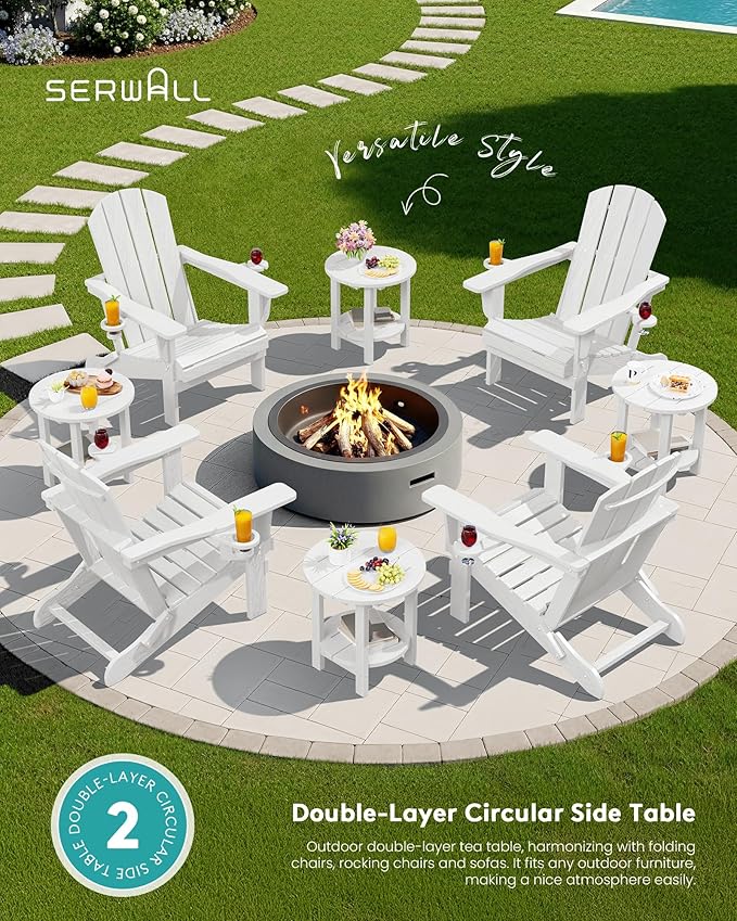 SERWALL Round Outdoor Side Table Set of 2, HDPE Small Adirondack Double End Table, White