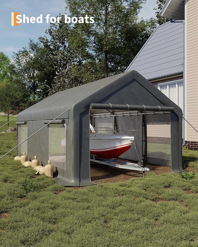 GarveeLife 10x20 ft Carport, Car Port with 200 g PE Tarp, Roll-Up Doors, and 4 Windows, for Sedans, Bass Boats, Motos, ATVs, and SUVs, Light Gray