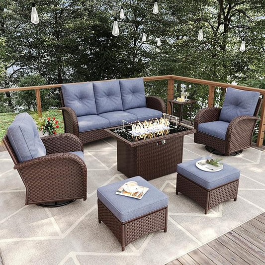 7 Pieces Patio Furniture Sets with Fire Pit Table, Wicker Rattan High Back Outdoor Swivel Rocking Chairs Set with 3-Seat Couch, Ottomans and Side Table