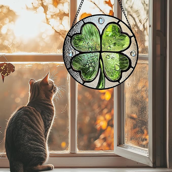 AMDERVEN Stained Glass Window Hanging - St. Patrick's Day Green Irish Themed Gifts Sun Catcher Door Home Clover Decor Suncatcher Christmas Mother's Day Birthday Gifts for Women Men Mom Nana 15 in