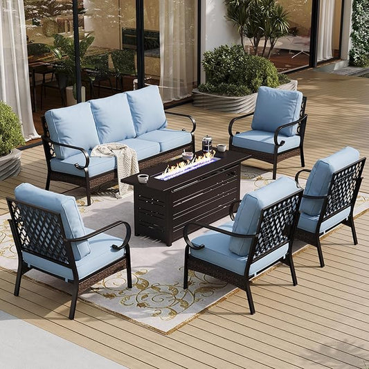 6 Piece Black Metal Outdoor Patio Furniture Sets with Firepit Table, Patio Conversation Sets 1 3-Seater Sofa, 4 Single Sofa with 5.75" Extra Cushion Backyard Furniture for Deck, Blue