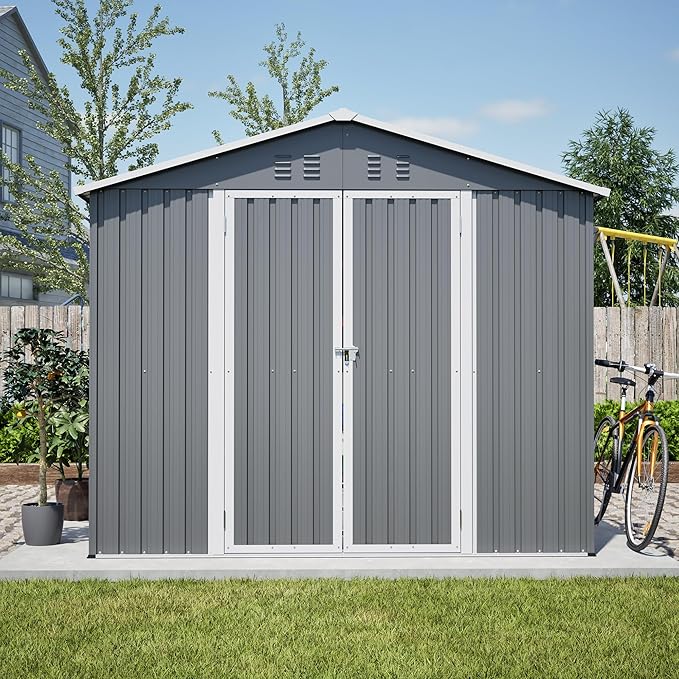 8x12 FT Metal Outdoor Storage Shed,Garden Shed W/ 2 Reversible Lockable Doors & Updated Frame Structure,Outdoor Backyard Tool House W/ 4 Air Vents & Sloped Roof,for Patio,Lawn,Grey