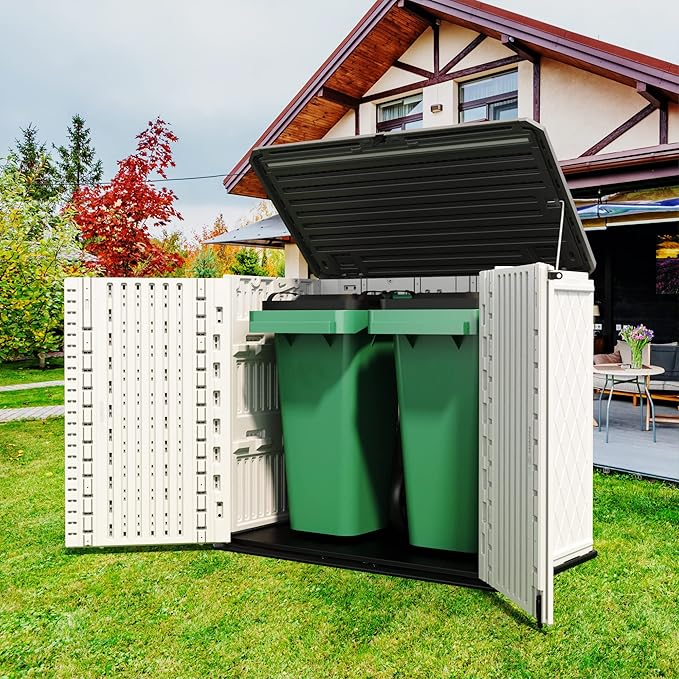 ADDOK Horizontal Storage Shed Outdoor with Floor, 27 Cu Ft Capacity Plastic Storage Shed with Lockable Double Doors, All-Weather Condition Use for Patio, Backyard, Lawn and Garden, White