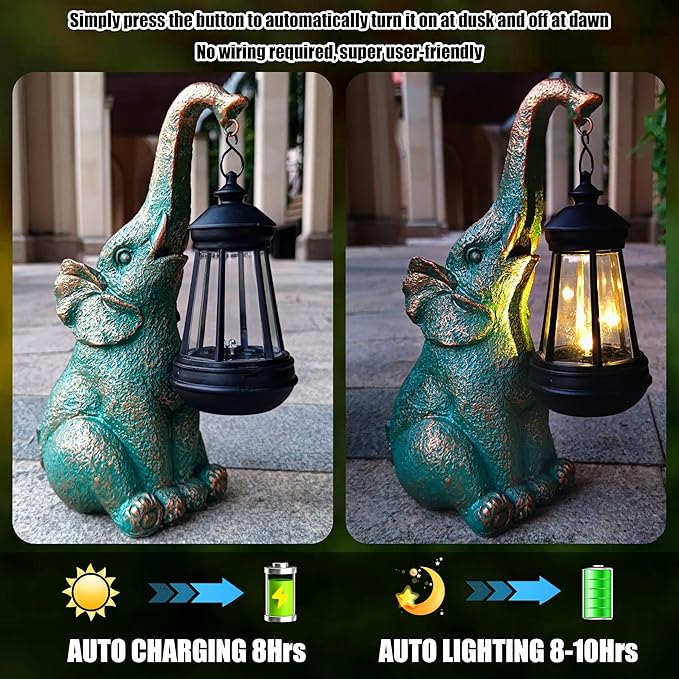RCTTICUU Elephant Garden Statue Outdoor Décor with Solar Lights Lantern,Elephant Solar Light Figurines Outside Decorations for Yard，Lawn Patio, Balcony, Unique Housewarming Gifts
