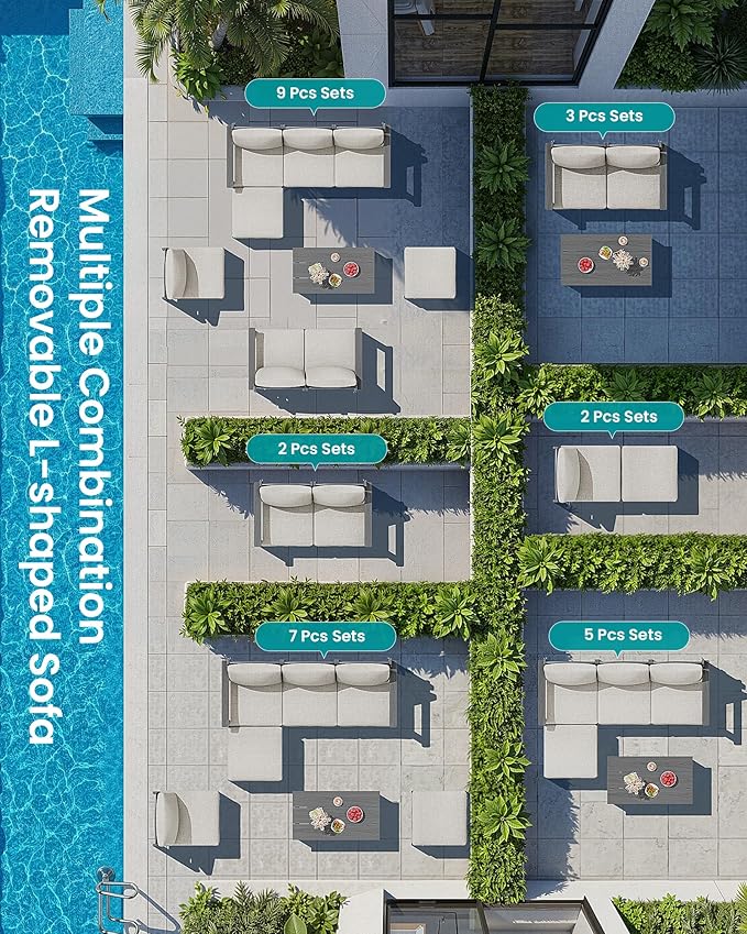 SERWALL 9 Pieces Patio Sofas, All-Weather HDPE Outdoor Sectional Sofa with Cushions and Coffee Table, Extra-Large Modular Conversation Set for Patio, Garden, Deck, Grey Frame with Khaki Cushion