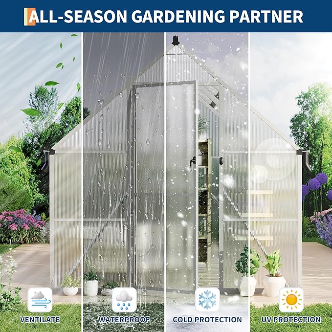 Polycarbonate Greenhouse for Outdoors, Large Walk-InGreenhouse with Quick Setup Structure and Roof Vent, Greenhouse with Ventilation