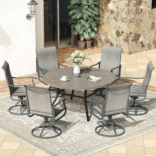 VICLLAX Round Patio Dining Table, 6-8 Person Metal Outdoor Dining Table with Umbrella Hole and Storage Shelf for Garden Lawn Deck, 53" Grey