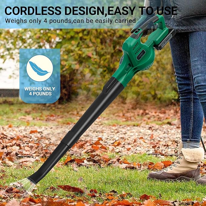 WISETOOL 20V Cordless Leaf Blower with Battery and Charger, Leaf Blower Battery Operated, Variable Speed with 2 Tubes for Patio, Leaves Blowing-Green