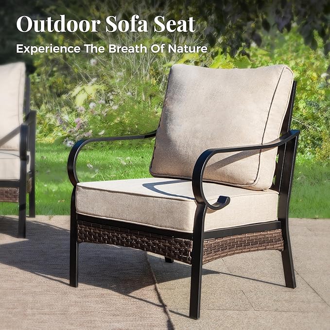Patio Furniture Set with Firepit Table, Black Frame Outdoor Conversation Set with 4 x Fixed Chairs, 1 x 3-Seat Sofa for Lawn Garden Backyard, Beige