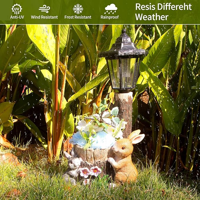YEPOTUE Solar Bunny Garden Stalue Outdoor, Rabbits Figurine Flowerpot Decolwith Solar Lantem for Yard Art Lawn Ornaments Porch Patio Balcony - Gardening Gifts for Women Mom