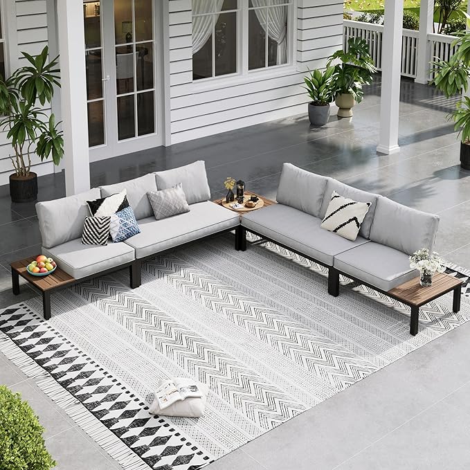 Sophia & William 5 Pieces Outdoor Patio Furniture Set, Metal Sectional Sofa Set Patio Conversation Set with Cushions-2 x Single Sofa with Side Table, 2 x Loveseat, 1 x Tea Table