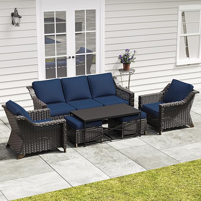 6 Pieces Outdoor Conversation Furniture Set - 77" Patio Sofa, 2 Armchairs, 2 Ottomans, 1 Metal Table, Patio Wicker Couch Set with Washable Cushions for Swimming Pool (Navy Blue)