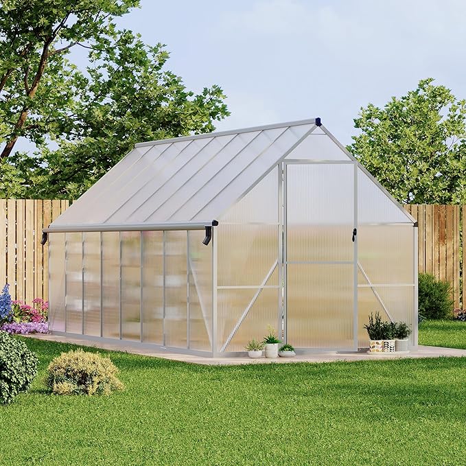 Polycarbonate Greenhouse for Outdoors, Large Walk-InGreenhouse with Quick Setup Structure and Roof Vent, Greenhouse with Ventilation