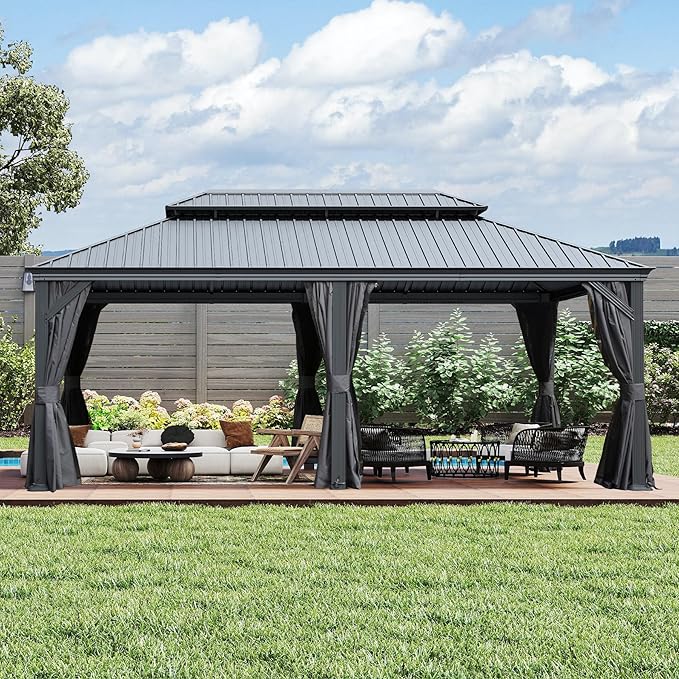 Domi 14x24FT Outdoor Gazebo, Hardtop Gazebo with Galvanized Steel Double Roof, Metal Gazebos with Drainage System Patio Pergola for Patio Deck Backyard,Curtain and Netting,Gray
