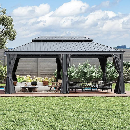 Domi 14x24FT Outdoor Gazebo, Hardtop Gazebo with Galvanized Steel Double Roof, Metal Gazebos with Drainage System Patio Pergola for Patio Deck Backyard,Curtain and Netting,Gray