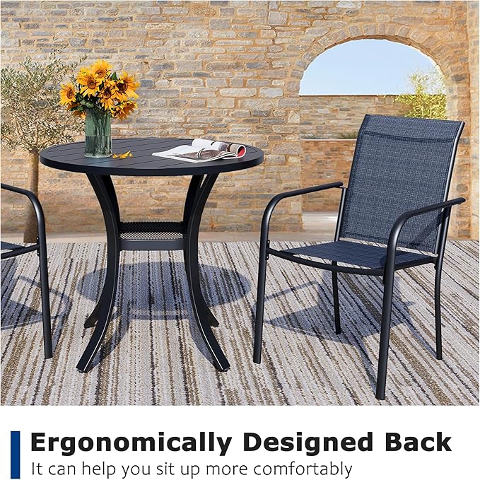 3 Piece Outdoor Dining Set, Patio Table and Chairs Set of 2, 27.6" Black Round Patio Table with 2 Dark Blue Stackable Patio Chairs for Lawn, Garden, Porch