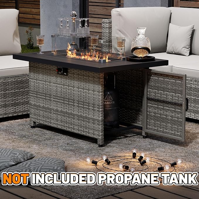 44 Inch Rectangular Propane Gas Fire Pits Table for Outside Patio, 50000 BTU Outdoor Wicker Rattan Fire Pit with Glass Wind Guard and Lid for Outside Patio Deck, Garden, Backyard (Grey)