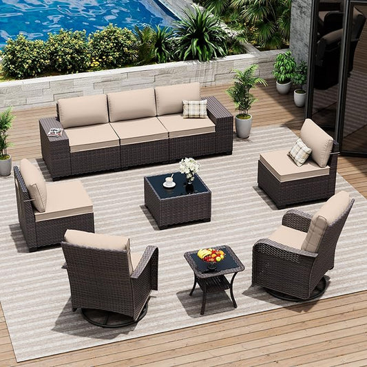 9 Pieces Patio Furniture Set with 2 Swivel Chairs Patio Furniture Outdoor Sectional Sofas Outdoor Patio Conversation Set - Brown