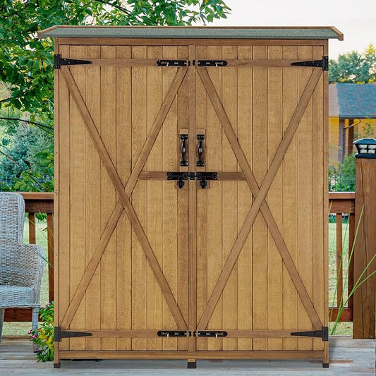 MCombo Outdoor Storage Cabinet with Shelves, Wood Garden Shed with Floor, Outside Tool Shed with 2 Lockable Doors for Yard Patio Lawn, 1400 (Natural)