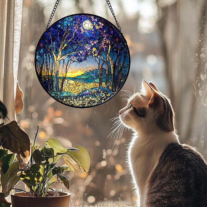 QZQCBLC Stained Glass Window Hanging Blue Purple Forest Trees Landscape Moon 6.3" - Suncatcher Door Garden Sun Catcher Home Decor Birthday Christmas for Mom Men Woman Nana