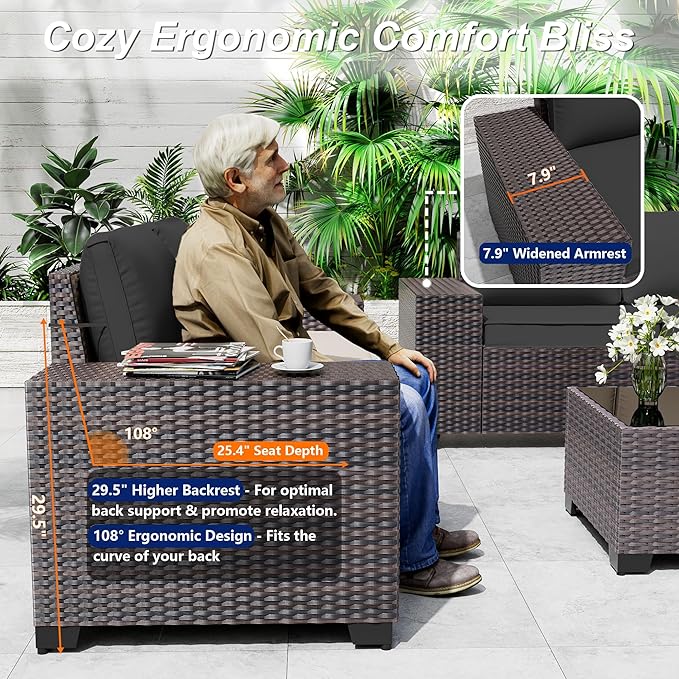 Outdoor Patio Furniture Set with Fire Pit Table, 7 Pieces Patio Furniture Set Outdoor Sectional Sofa w/43in Propane Fire Pit, PE Wicker Rattan Patio Conversation Sets - Black