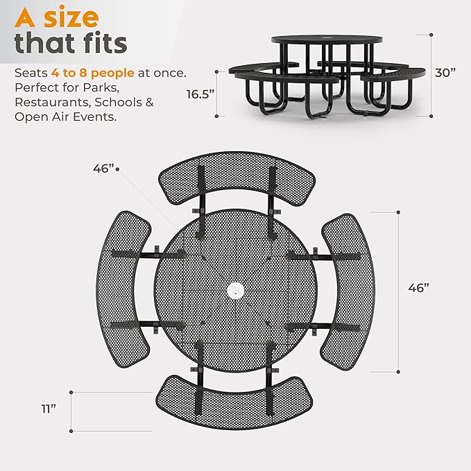 OUTTANS Metal Picnic Tables for Outdoors with Umbrella Hole - Coated Steel Heavy Duty Commercial Grade Furniture Set with Adjustable Seats (Black, 46 in, Round, Punched Steel)