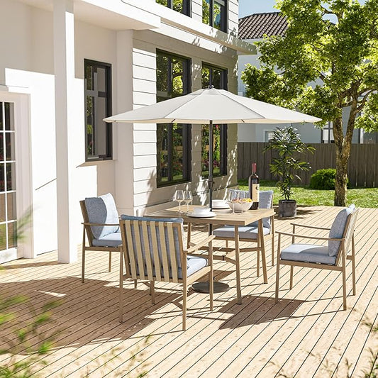 HAPPATIO 5-Piece Outdoor Dining Set for 4, Aluminum Patio Dining Set Includes 1 Large Square Table with Umbrella Hole and 4 Dining Chairs, Patio Furniture Set for Lawn, Porch, or Backyard (Brown)