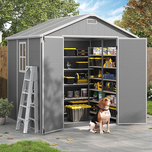 Amopatio 8x6 FT Storage Shed, Resin Outdoor Shed with Floor Included, Plastic Sheds Outdoor Storage for Bike, Garden Tools, Sheds & Outdoor Storage with Lockable Door, Window & Vents, Grey & White
