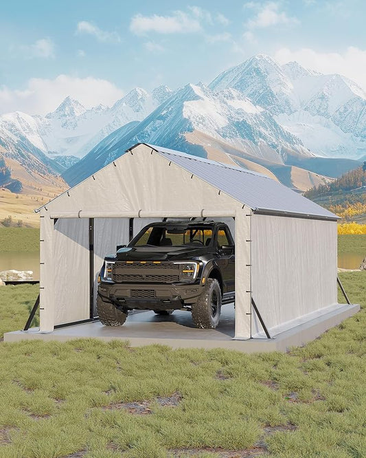 GarveeLife 11'x20'x9' Vertical Roof Metal Carport, Enclosed Car Ports with Heavy Duty Steel Frame, for All-Weather, for Full-Size Pickup Trucks, Boats, and Tractors