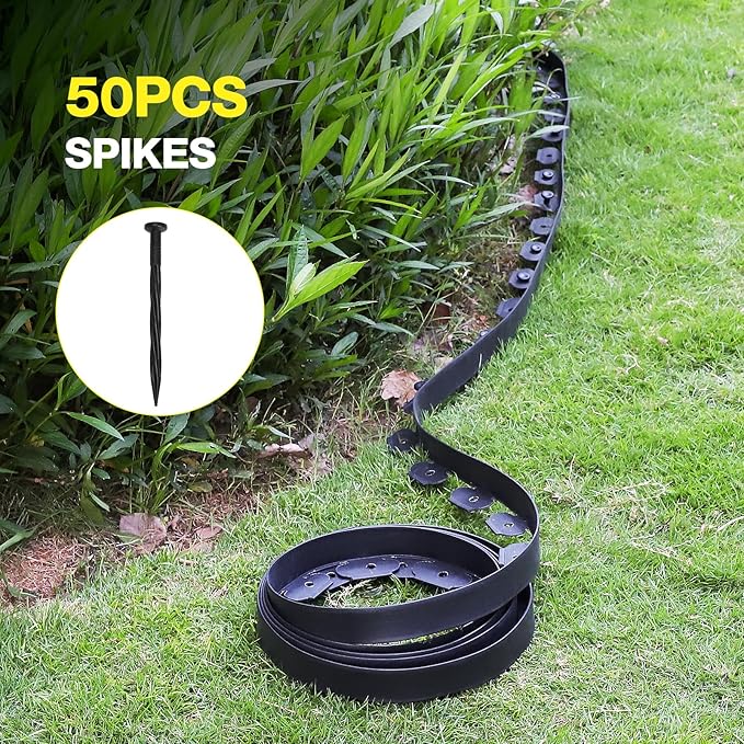 MIXC 33ft, 1.5in Tall Landscape Edging Kit with 50 Spikes, No-Dig Flexible Plastic Edge Border for Landscaping, Lawn, Garden, Flower Beds, Yard, Paver, Playground, Fence, Pathway, Black,1pack,33ft