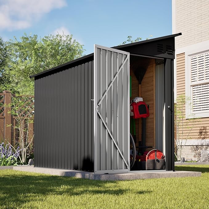 4×8 FT Lean to Metal Shed,Outdoor Heavy-Duty Storage Shed with Floor Base,All Weather Waterproof Garden Tool House W/Lockable Door&2 Air Vent,Reversible Door Design,for Backyard,Patio,Lawn,Black