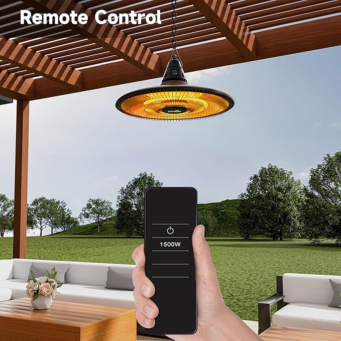 Hanging Heater, 1500W Outdoor Electric Patio Ceiling Heater with Remote Control, Infrared for Courtyard, Garage, Patio, Overheat & Tip-Over Protection, IP65 Waterproof, Brown