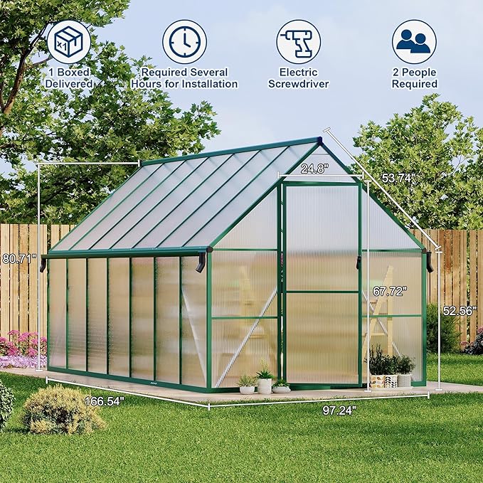 Polycarbonate Greenhouse for Outdoors, Large Walk-InGreenhouse with Quick Setup Structure and Roof Vent, Greenhouse with Ventilation