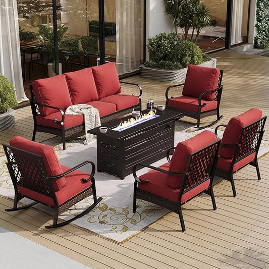 6 Piece Black Metal Outdoor Patio Furniture Sets with Firepit Table, Patio Conversation Sets 1 3-Seater Sofa, 2 Leg Sofa and 2 Rocking Sofa with 5.75" Cushion for Backyard Deck, Red