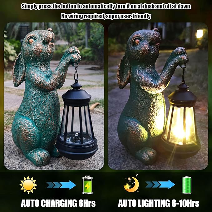 RCTTICUU Rabbit Garden Statue Outdoor Décor with Solar Lights Lantern,Rabbit Solar Light Figurines Outside Decorations for Yard，Lawn, Patio, Balcony, Unique Housewarming Gifts
