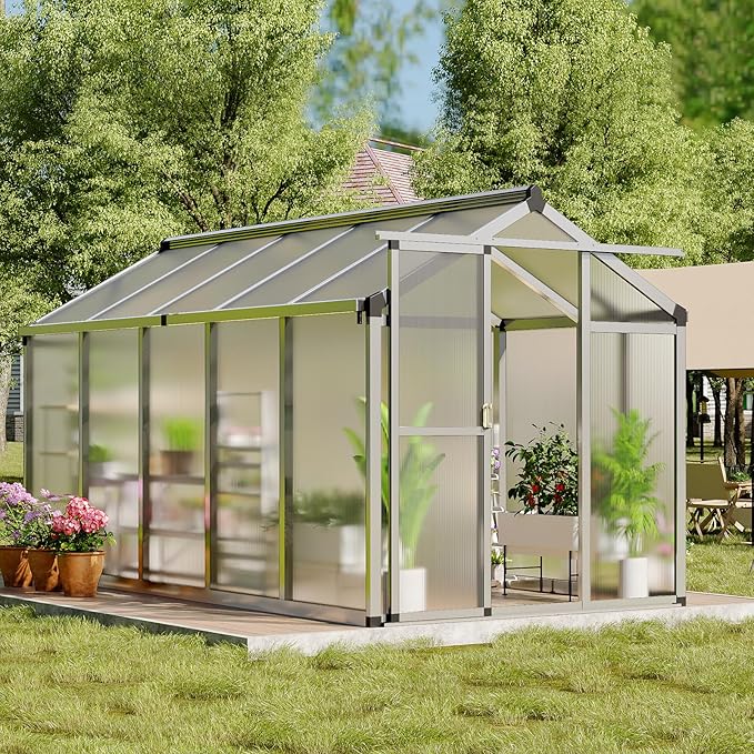 6 X 10 Greenhouse, Greenhouses for Outside, Polycarbonate Greenhouse with Aluminum Frame, Lockable Door and Ajustable Roof Vent for Backyard, Green Houses for Outside Garden Backyard, Patio