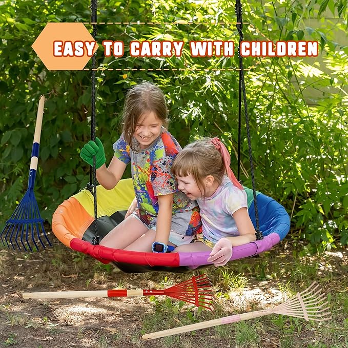 4 Set Kids Leaves Rakes with Hardwood Handle Metal Rakes Child Garden Lawn Rake with 4 Pairs Gloves for Garden Leaves Tools