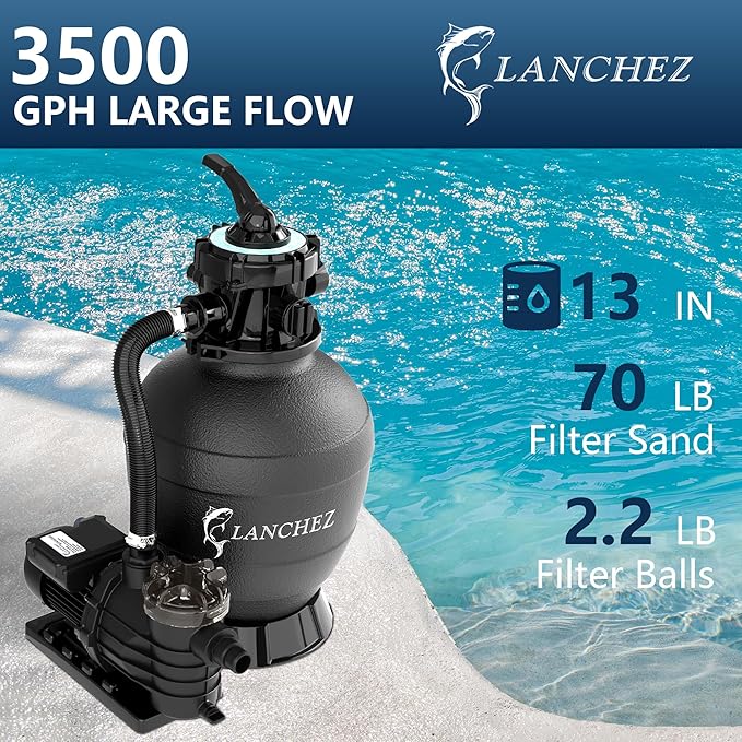 LANCHEZ 13" Sand Filter Pump for Above Ground Pool, 3/4 HP Pool Pump, Max 3500 GPH for Pools Up to 11,000 GAL, 6-Way Valve Pool Sand Filter System