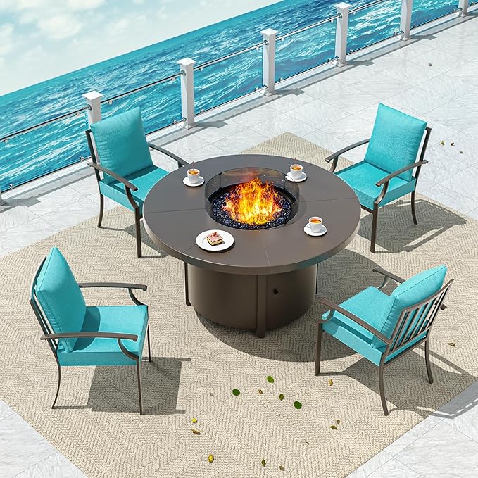 5 Pieces Patio Furniture Set with Round Fire Pit Table, Outdoor Conversation Sets 4 Chairs with Upgrade Cushions for Patio, Backyard Blue