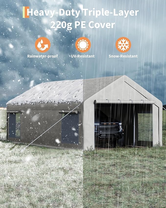 13x25 FT Carport,Heavy-Duty Carport with 4 Roll-Up Windows & Doors, Portable Garage 200g PE Tarp, Waterproof & UV Protected Outdoor Shelter for Car, Boat, Truck, Motorcycle