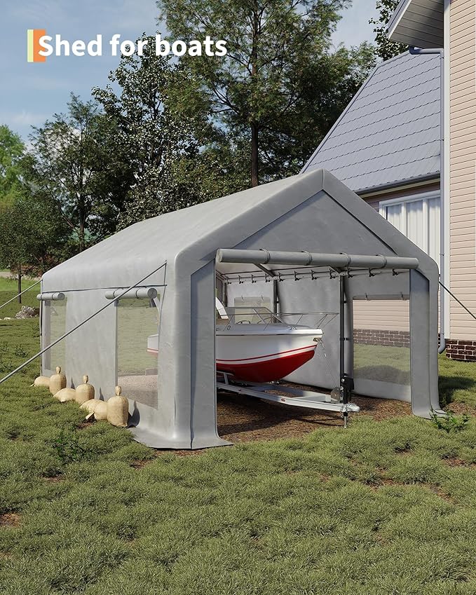 13x20 FT Carport,Heavy-Duty Carport with 4 Roll-Up Windows & Doors, Portable Garage 200g PE Tarp, Waterproof & UV Protected Outdoor Shelter for Car, Boat, Truck, Motorcycle