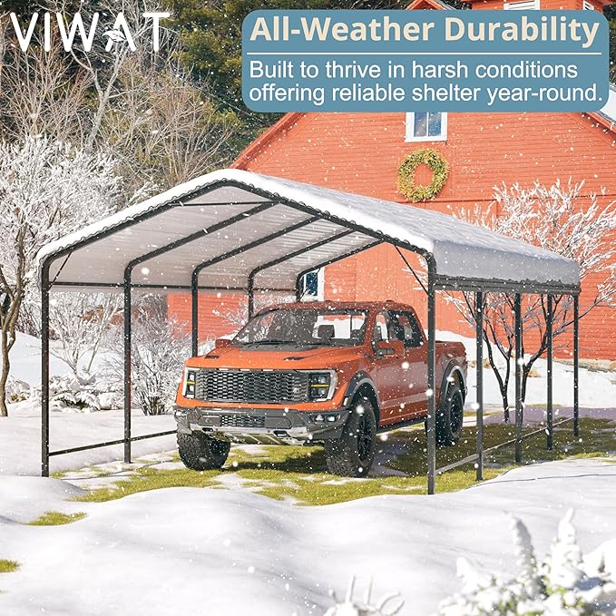 VIWAT Carport 12x20 FT Metal Carport with Enhanced Base Outdoor Heavy Duty Garage Galvanized Car Shelter for Pickup, Boat, Car and Tractors