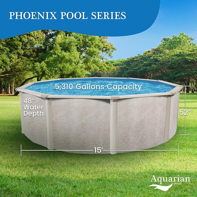 Aquarian Phoenix Round Above Ground Swimming Pool Only, 15' x 52" - Steel Frame with Galvanized Walls, Easy DIY Assembly for Outdoor or Backyard Setup, Accessories Sold Separately