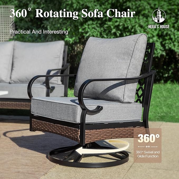 HERA'S HOUSE 6 Piece Metal Patio Furniture Set with 56" Fire Pit Table, All Weather Outdoor Conversation Set, 3 Seat Sofa, 2 Swivel Chairs, 2 Fixed Chairs, Seats 7 for Backyard, Garden, Deck, Grey